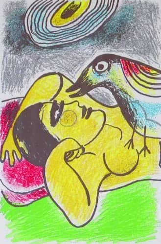 Femme et oiseaux, gras/150 — Guillaume Corneille