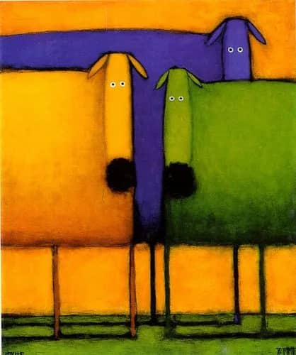 Yellow, green and purple Dogs — A Kessler