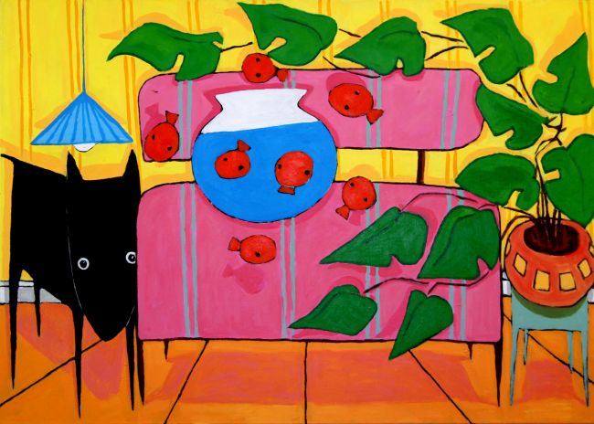 Interieur vissen hond bij bank